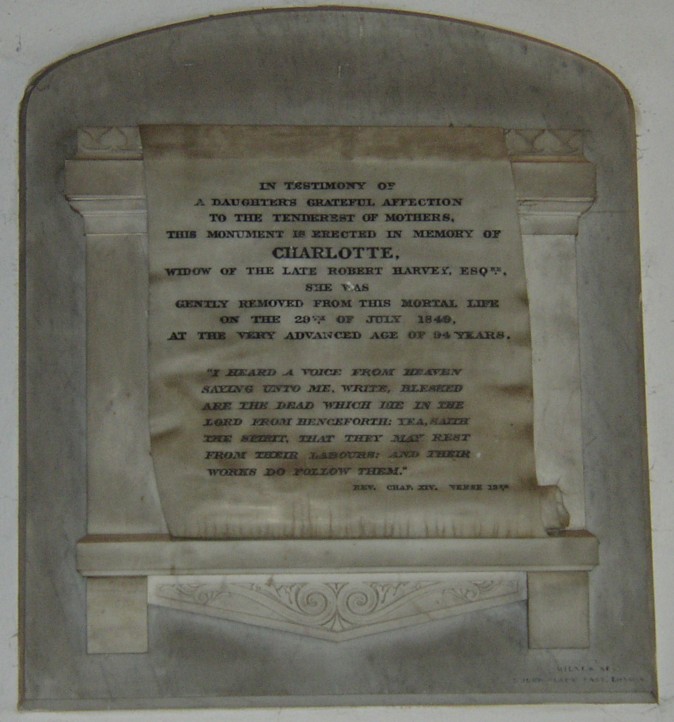 Memorial to Charlotte Harvey nee Purdy 1755?-1849 Located inside St Mary's Church Watton Norfolk